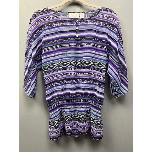 Chico's Top Womens Size 0 Small Polyester Tribal Peplum Waist Purple Semi‎ Sheer - Picture 1 of 7
